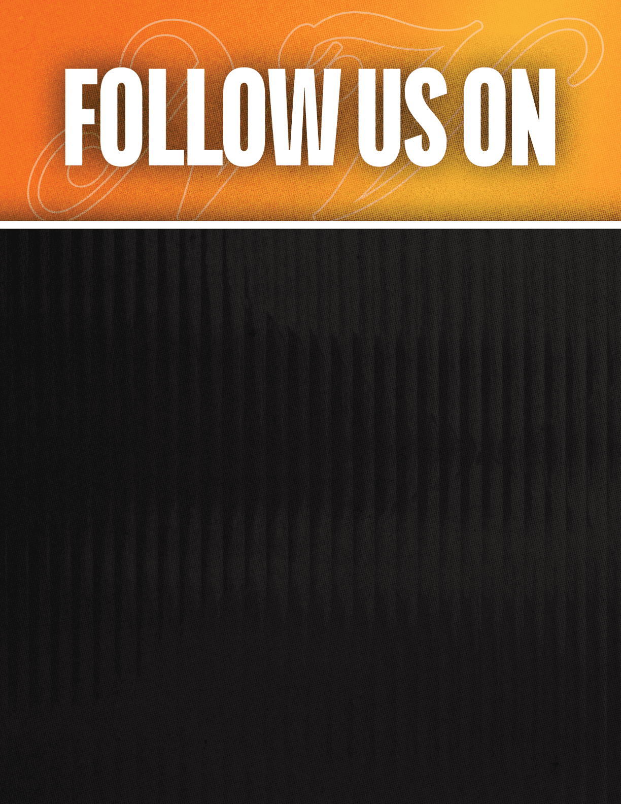 A black and red sign that says Follow Us On. Description generated by AI
