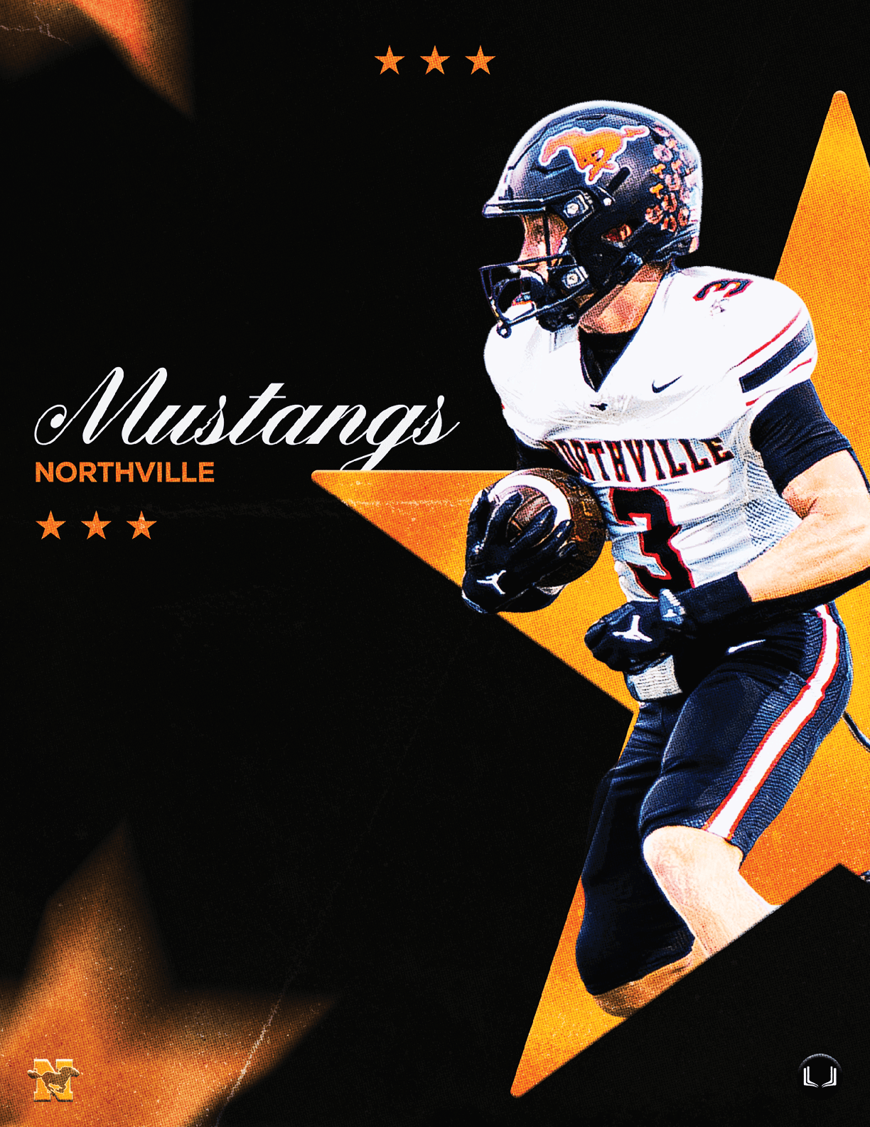 A football player wearing a blue and white uniform. Description generated by AI