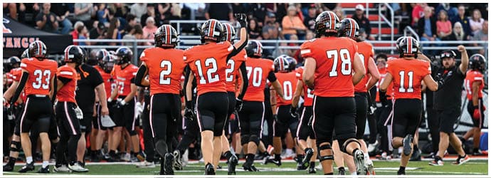 A group of football players on a field. Description generated by AI