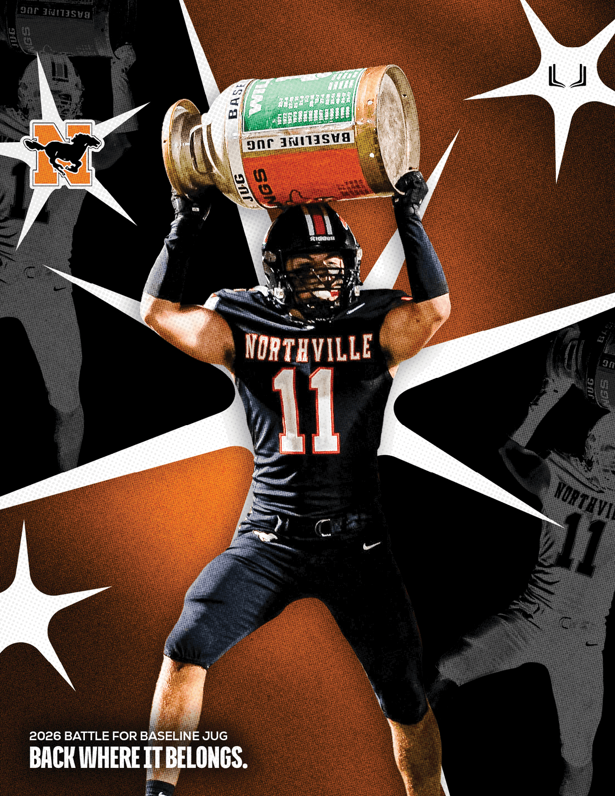 A football player is tackled to the ground. Description generated by AI