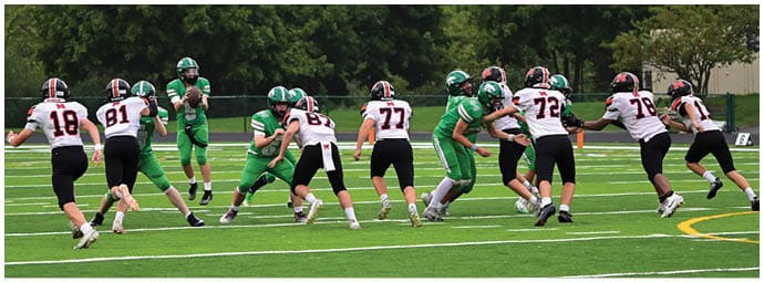 A football player wearing a blue and white uniform. Description generated by AI