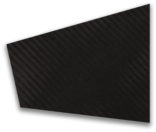 A dark trapezoidal shape with diagonal striped patterns and a subtle shadow on a white background. Description generated by AI