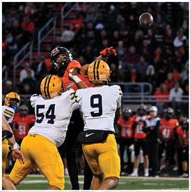 A football player running on the field. Description generated by AI