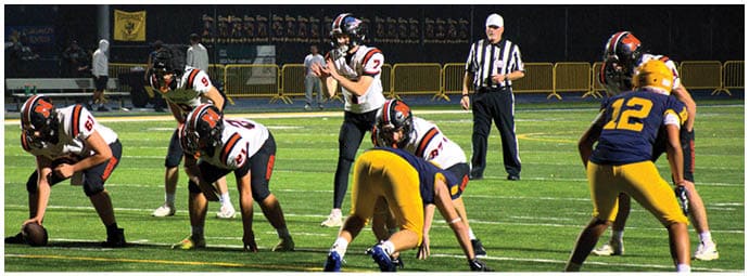 A football player wearing a blue and white uniform. Description generated by AI