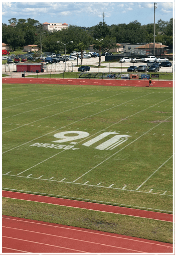 A football player running on the field. Description generated by AI