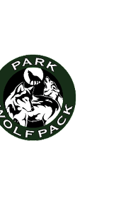 A circular logo featuring two wolves, one howling and one standing, with a silhouette of a howling wolf against a full moon in the background, surrounded by the text “PARK WOLFPACK." Description generated by AI