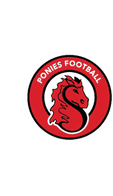 A red and black circular logo featuring a stylized horse head in the center with the words “PONIES FOOTBALL" curved along the top edge. Description generated by AI