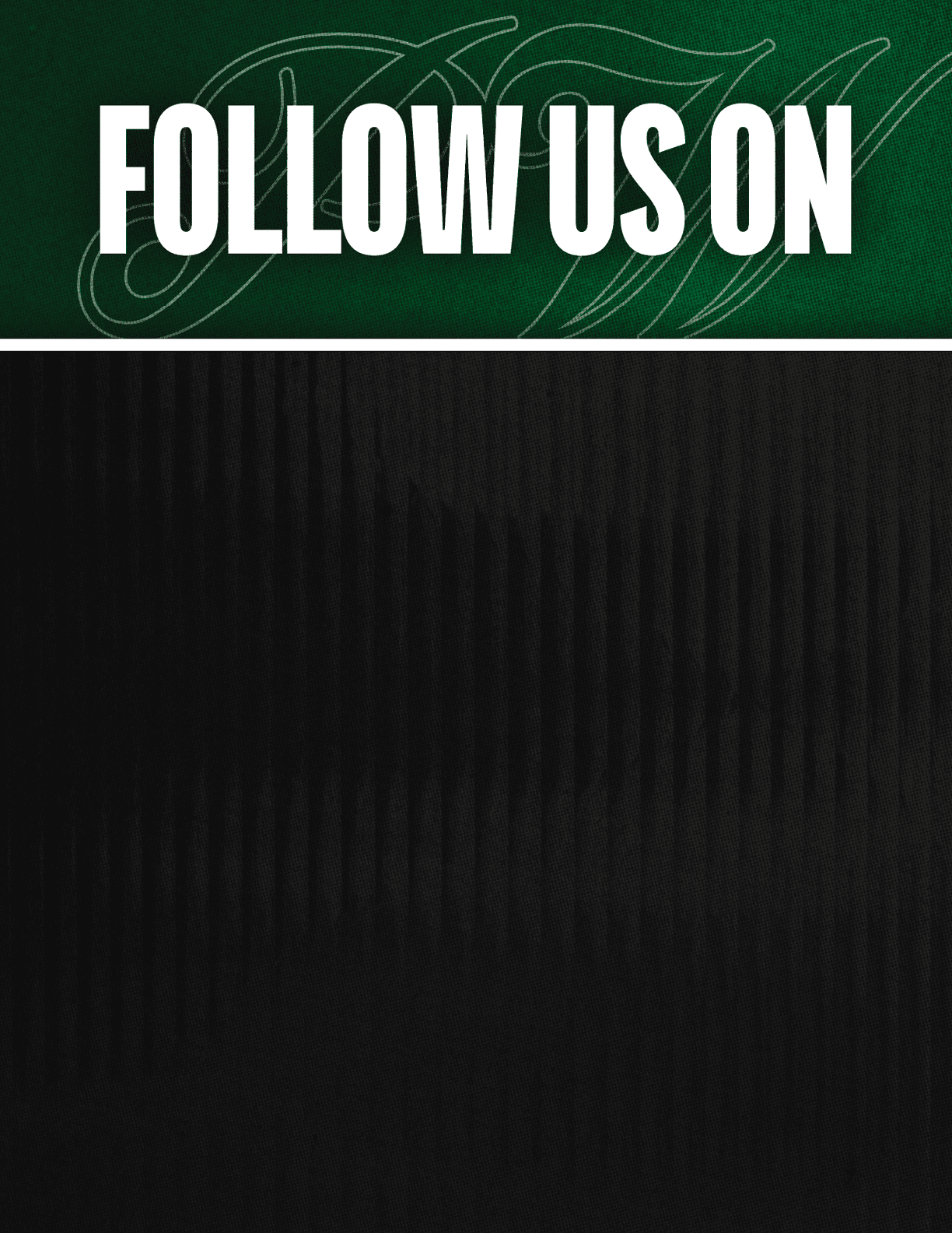 Follow us on social media icons for Facebook, Twitter, Instagram, and YouTube displayed on a green and black background. Description generated by AI