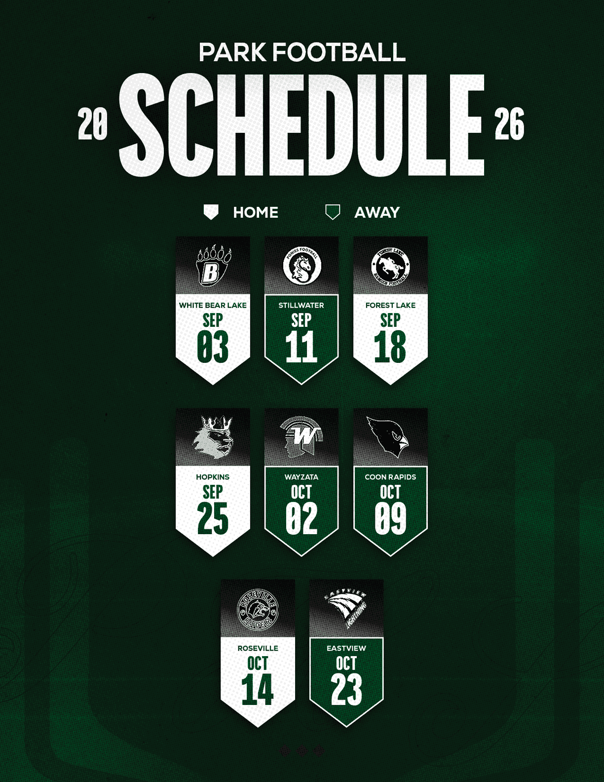 A dark green graphic displays the 2026 Park Football schedule with dates and icons indicating home and away games. Description generated by AI