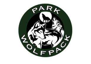 A circular logo with the words “PARK WOLFPACK" surrounding three stylized wolves howling and standing against a dark background with a full moon. Description generated by AI