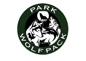 A circular logo with the words “PARK WOLFPACK" surrounding three stylized wolves howling and standing against a dark background with a full moon. Description generated by AI
