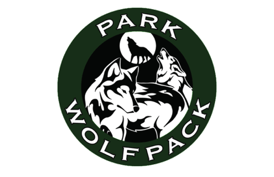 A circular logo with the words “PARK WOLFPACK" surrounding three stylized wolves howling and standing against a dark background with a full moon. Description generated by AI