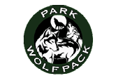 A circular logo with the words “PARK WOLFPACK" surrounding three stylized wolves howling and standing against a dark background with a full moon. Description generated by AI