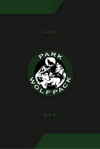 A circular logo with a dark green border featuring two howling wolves in white and black inside and the words “PARK WOLFPACK" around the edge. Description generated by AI