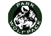 A circular logo with the words “PARK WOLFPACK" surrounding three stylized wolves howling and standing against a dark background with a full moon. Description generated by AI
