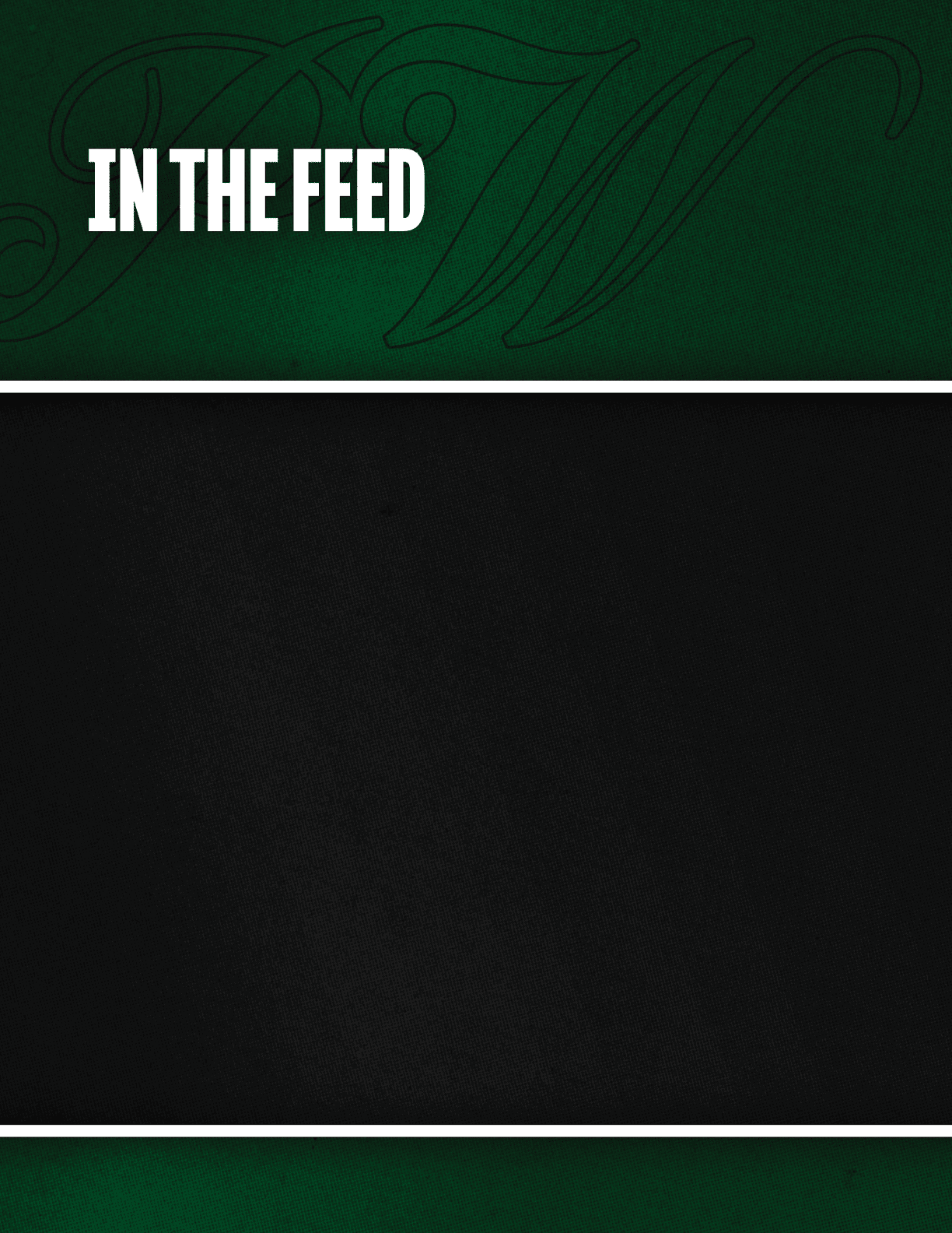 The image features a green textured banner with the bold white text “IN THE FEED" at the top and a large black textured area below it. Description generated by AI