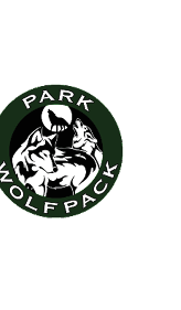 A circular logo featuring two wolves, one howling and one standing, with a silhouette of a howling wolf against a full moon in the background, surrounded by the text “PARK WOLFPACK." Description generated by AI