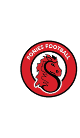 A red circular logo with a stylized horse head in the center and the words “PONIES FOOTBALL" curved along the top inside the circle. Description generated by AI