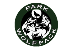 A circular logo with two howling wolves in black and white inside a dark green ring containing the words “PARK WOLFPACK." Description generated by AI