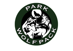 A circular logo with two howling wolves in black and white inside a dark green ring containing the words “PARK WOLFPACK." Description generated by AI