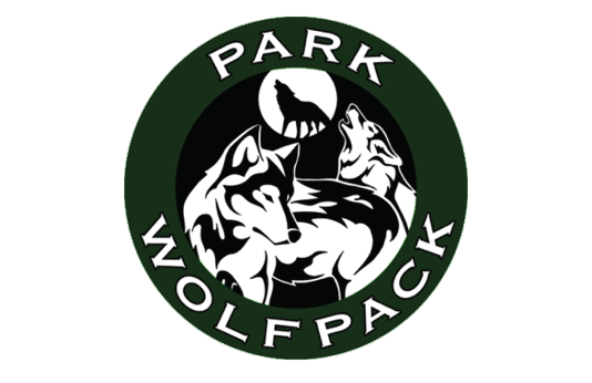 A circular logo with two howling wolves in black and white inside a dark green ring containing the words “PARK WOLFPACK." Description generated by AI