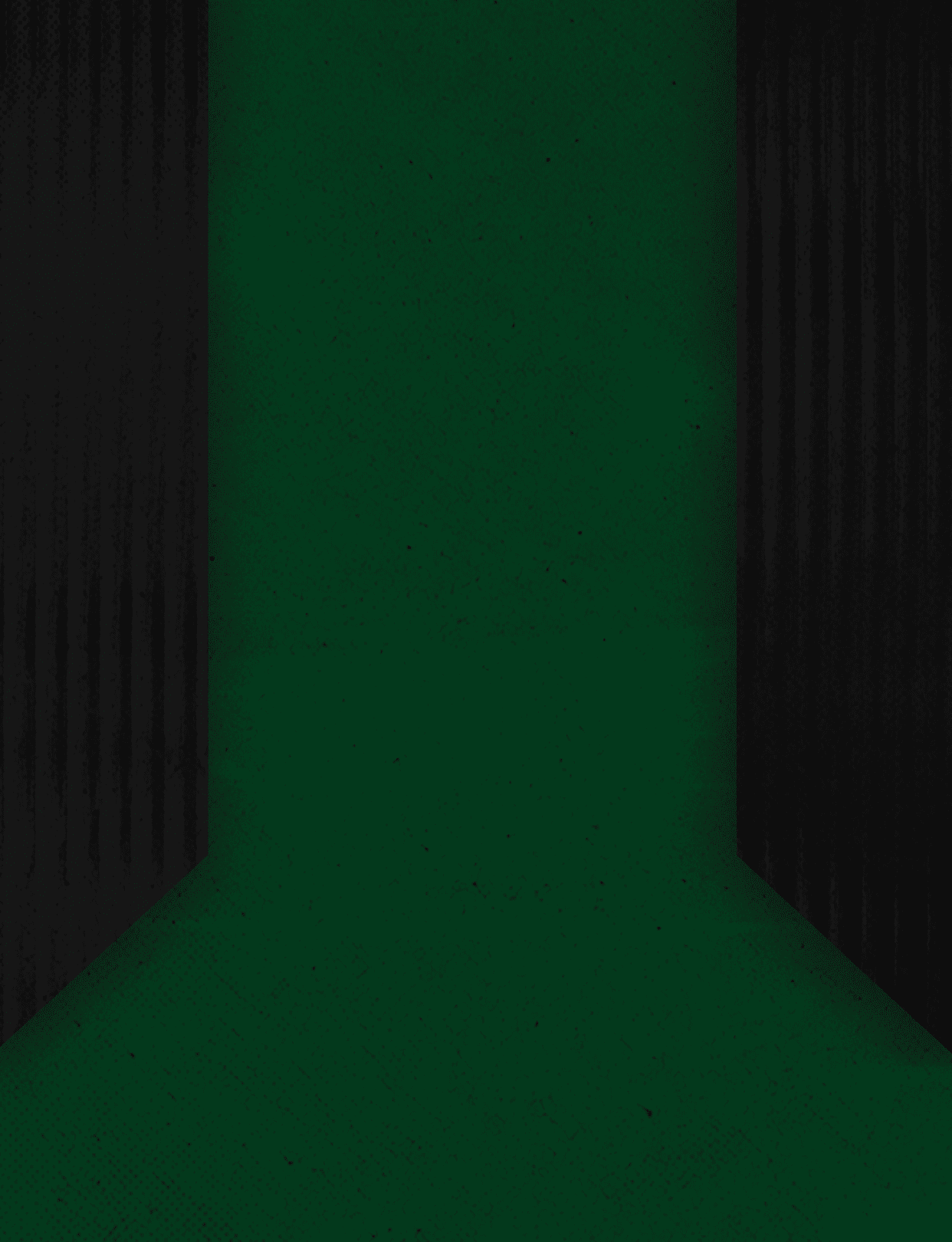A dark green geometric shape with a wide base narrowing upward is flanked by two vertical black textured panels. Description generated by AI