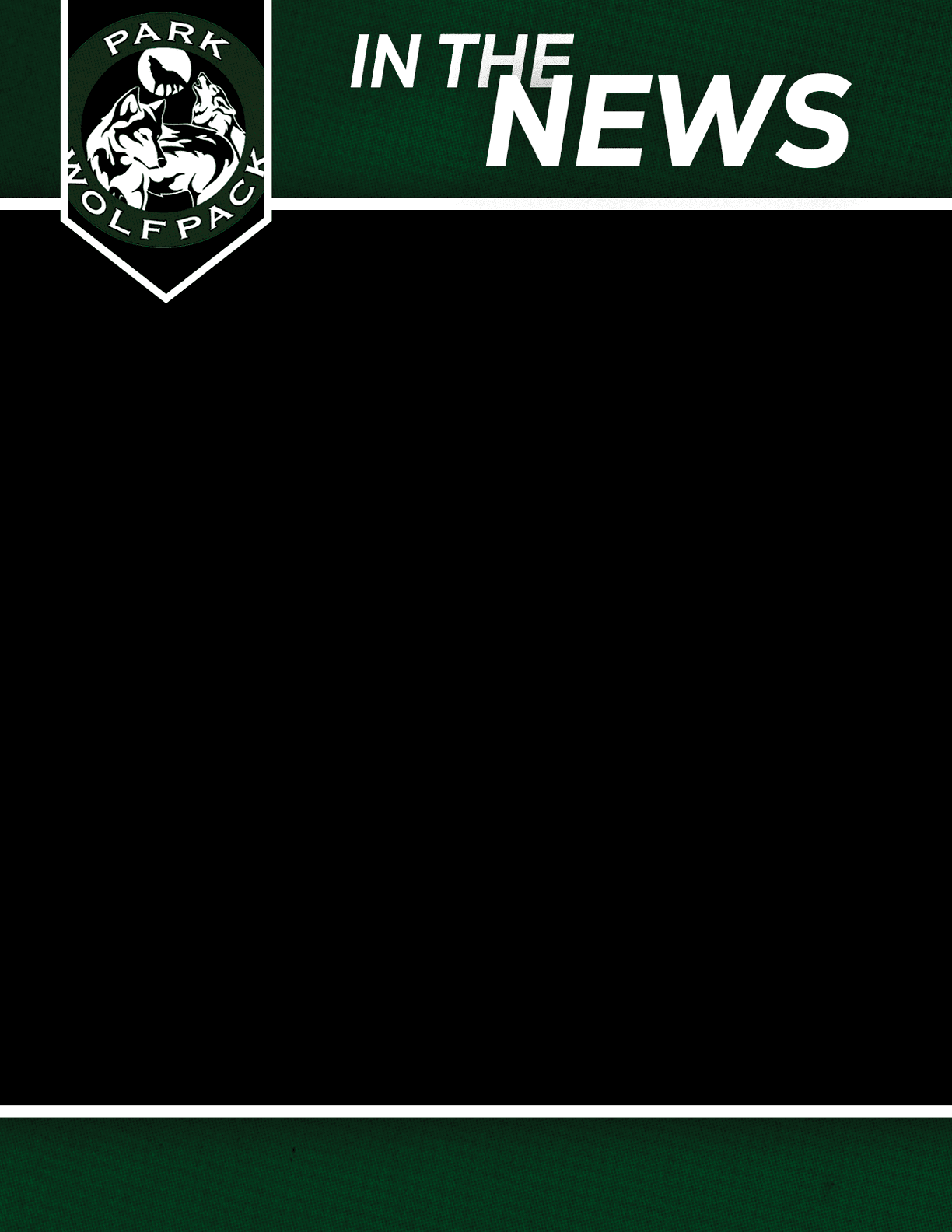 A black and white logo of a wolf's head with the text “PARK WOLFPAC" is positioned on a dark green background with the words "IN THE NEWS" in white and bold italic font. Description generated by AI