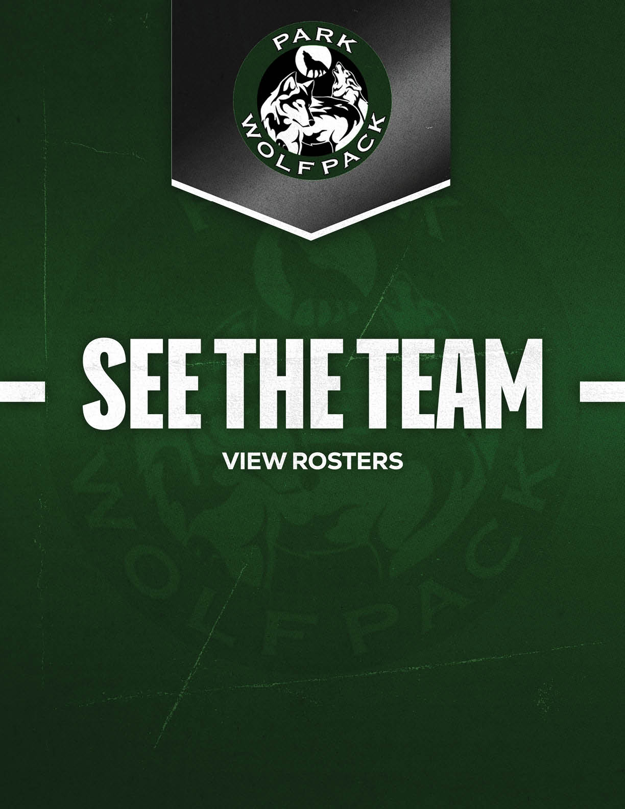 A dark green graphic with a wolf logo at the top and bold white text reading “SEE THE TEAM" and smaller text below saying "VIEW ROSTERS." Description generated by AI