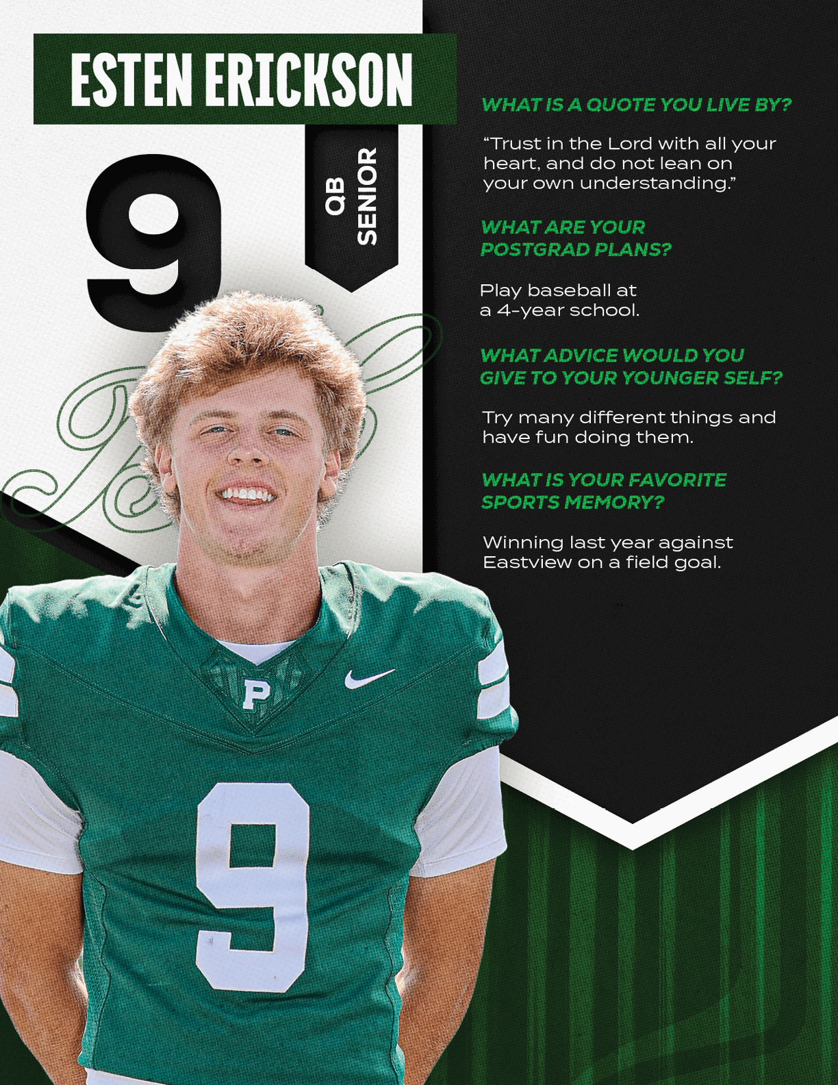A person wearing a green sports jersey with the number nine stands next to text about their postgrad plans, advice to younger self, and favorite sports memory. Description generated by AI