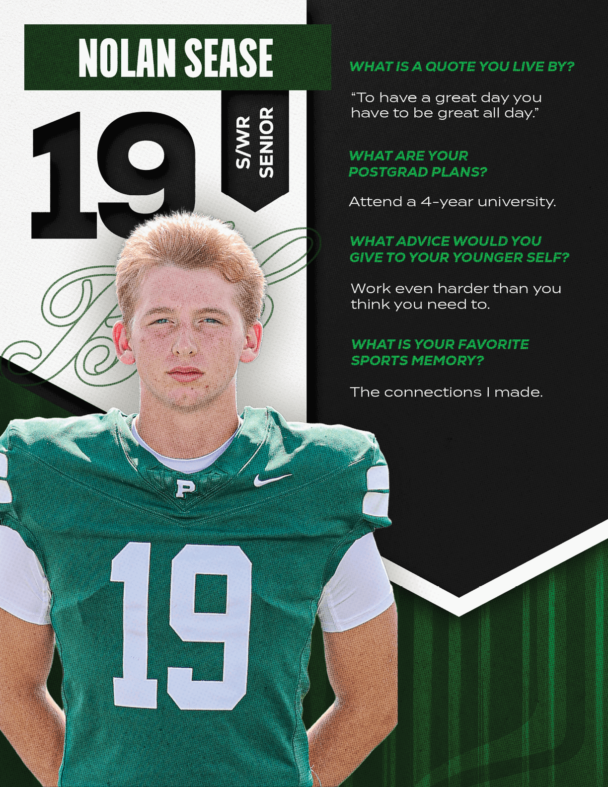 A person wearing a green sports jersey with the number 19 stands in front of a graphic background featuring the name Nolan Sease, senior status, and text about quotes, postgrad plans, advice, and favorite sports memory. Description generated by AI