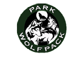A circular logo with two howling wolves in black and white inside a dark green ring containing the words “PARK WOLFPACK." Description generated by AI