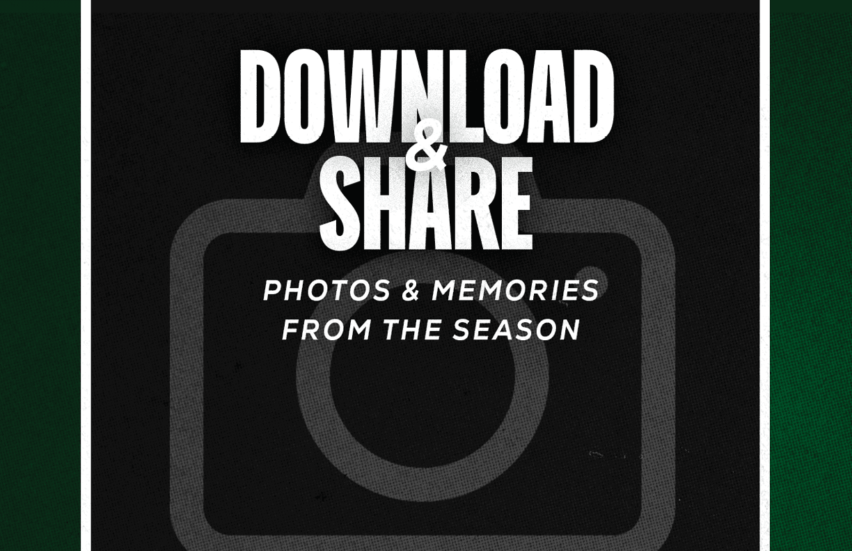 Bold white text on a dark background reads “Download & Share Photos & Memories From the Season" with a faint camera icon behind the text. Description generated by AI