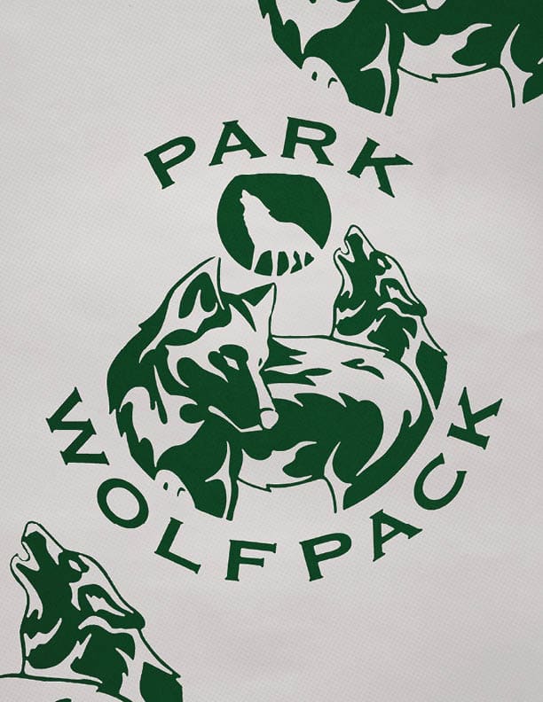 A green graphic design features three wolves howling in a circular formation with the words “PARK WOLFPACK" surrounding them. Description generated by AI