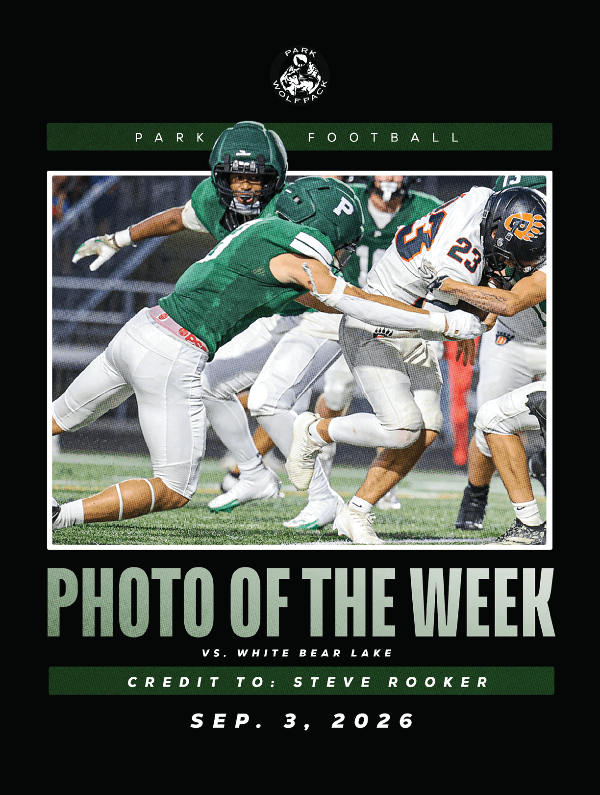 Two people in green football uniforms tackle a person in a white football uniform during a game on a field. Description generated by AI