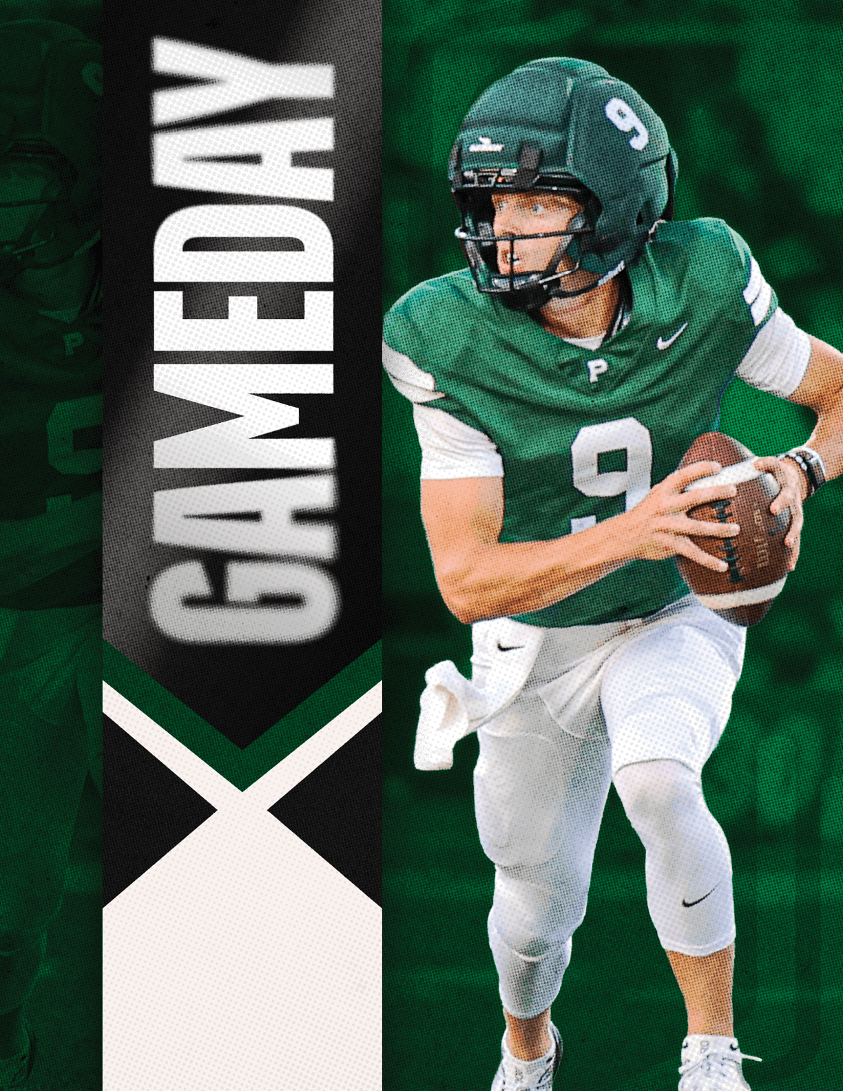 A person wearing a green football uniform with the number nine is holding a football and appears to be preparing to throw it, with the word GAMEDAY displayed vertically on a black and white banner beside them. Description generated by AI