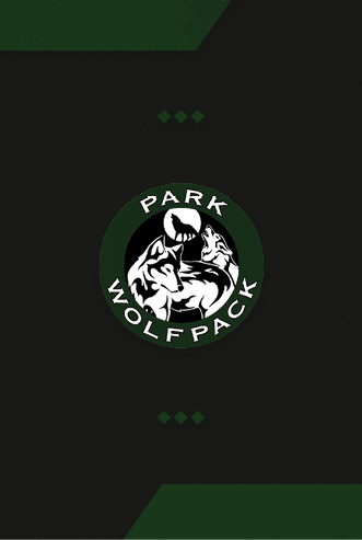 A circular logo with a dark green border featuring two howling wolves in white and black inside and the words “PARK WOLFPACK" around the edge. Description generated by AI