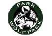 A circular logo with the words “PARK WOLFPACK" surrounding three stylized wolves howling and standing against a dark background with a full moon. Description generated by AI
