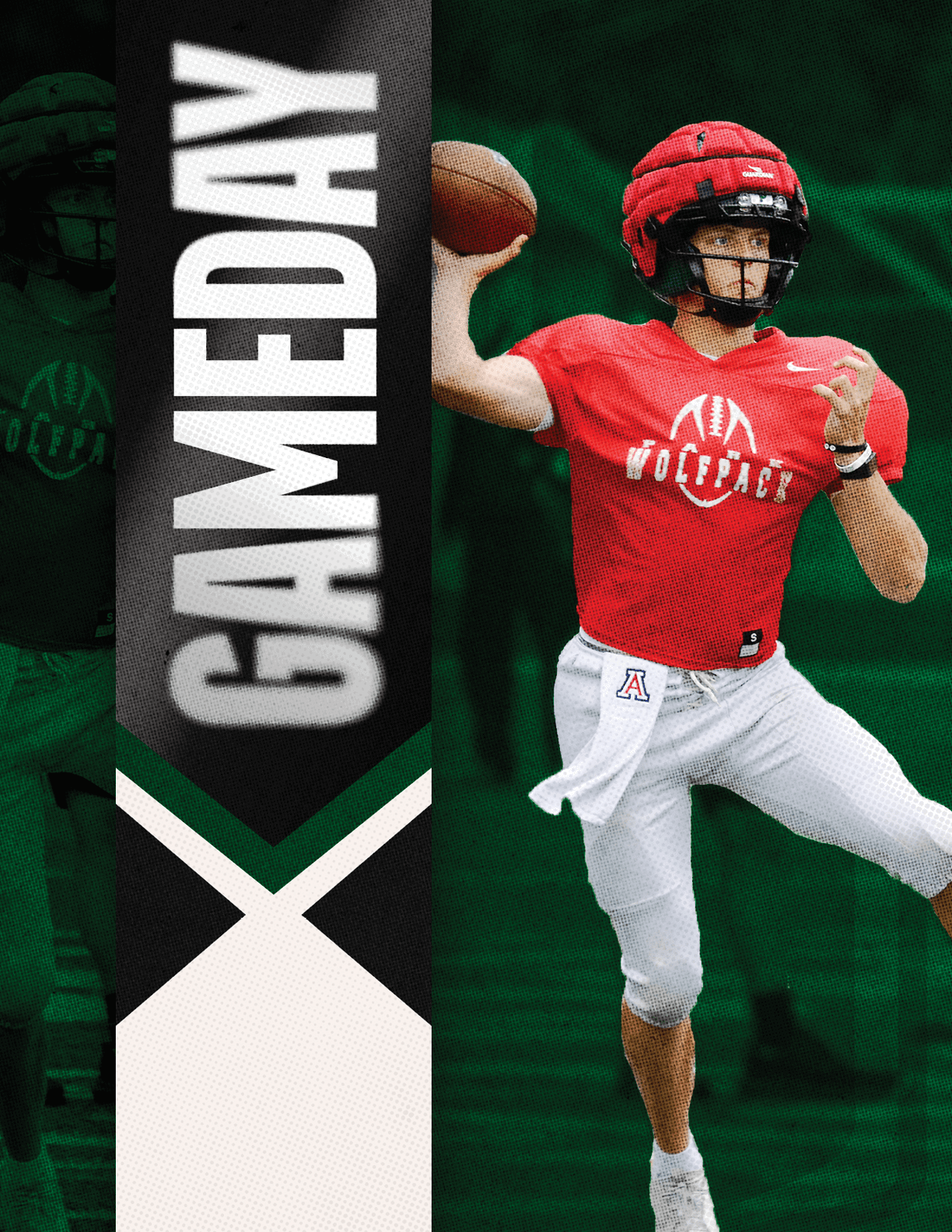 A person wearing a red helmet and red Wildcats shirt is preparing to throw a football with a vertical banner next to them that reads GAMEDAY. Description generated by AI