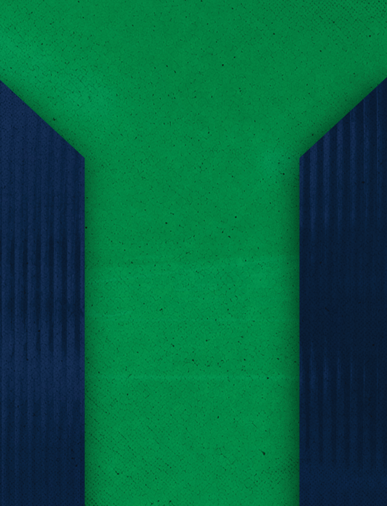Three blue and white buildings on a green background. Description generated by AI