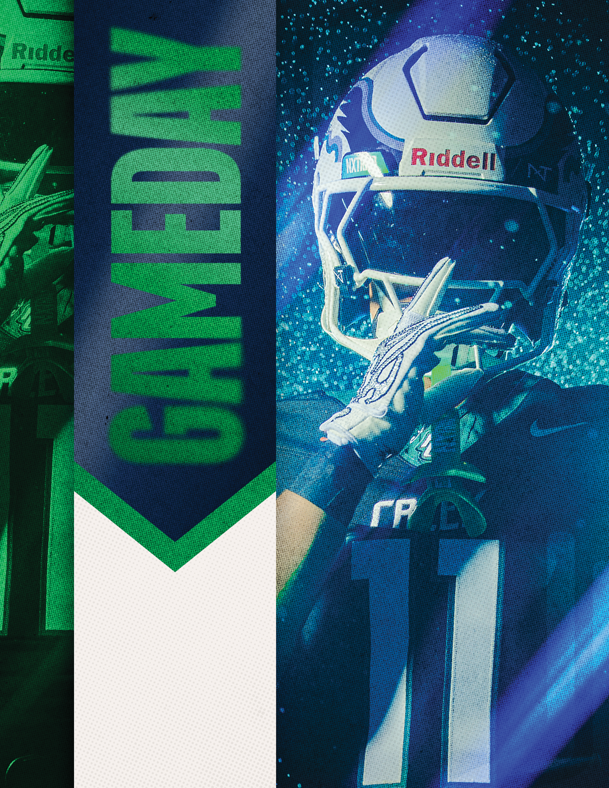 A person wearing a football helmet and gloves poses with one hand near their face next to a vertical banner that reads GAMEDAY. Description generated by AI