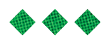Three green diamond shapes with a textured pattern are evenly spaced on a white background. Description generated by AI
