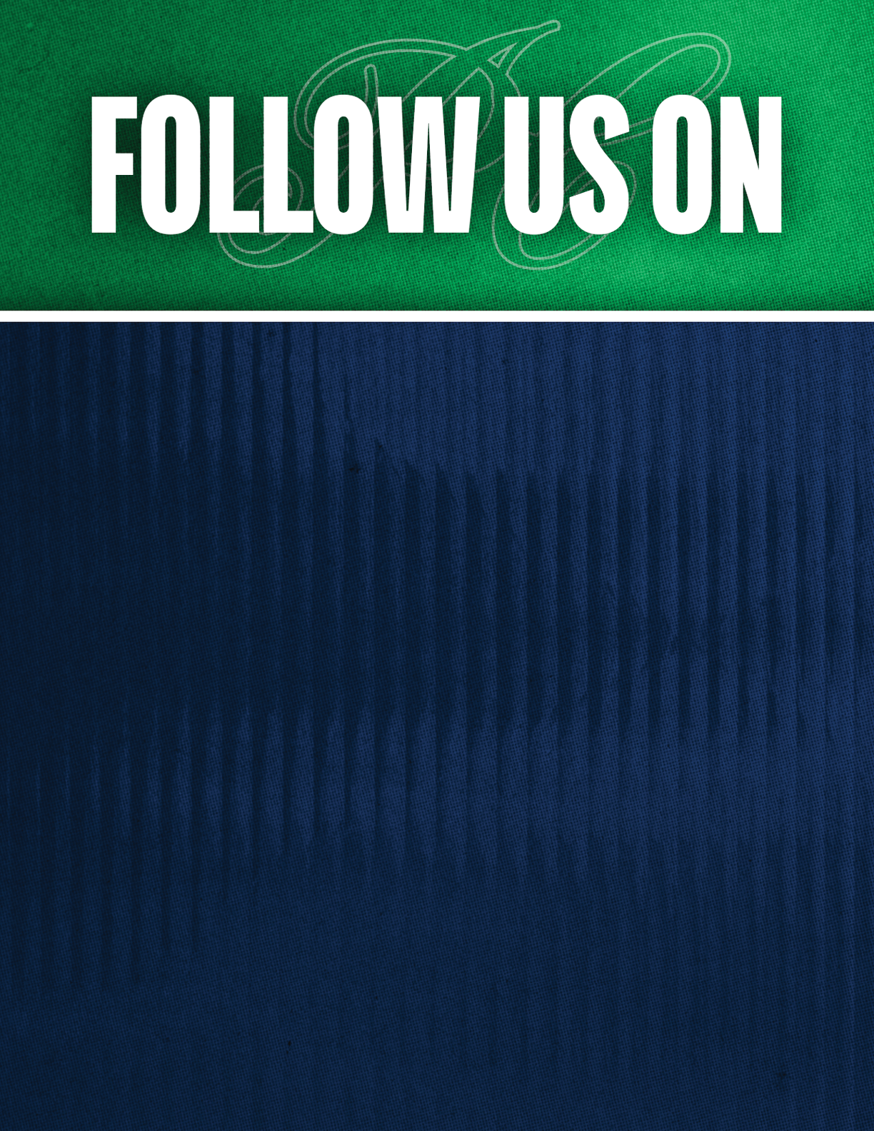 Follow us on social media is displayed in bold white text on a green and blue textured background. Description generated by AI