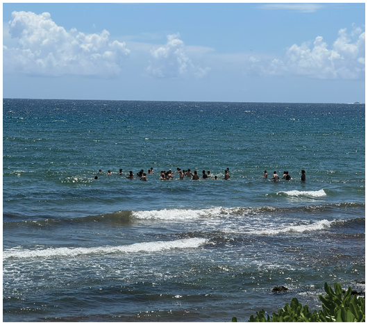 A group of people is swimming and standing in the ocean near the shore under a partly cloudy sky. Description generated by AI