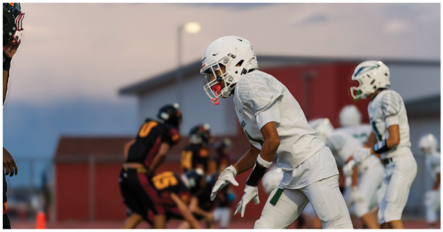 People in football uniforms are lined up on a field preparing for a play during a game. Description generated by AI