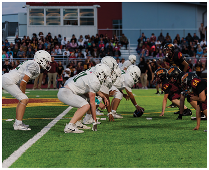 Two opposing football teams in white and dark uniforms are lined up facing each other on a green field with a crowd watching in the background. Description generated by AI