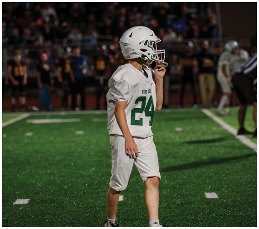 A person wearing a white football uniform with the number 24 and a helmet is standing on a green field during a game with other players and spectators in the background. Description generated by AI