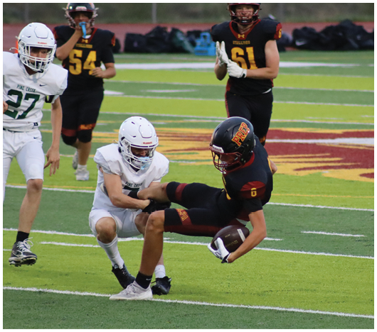A group of people in football uniforms are playing on a field with one person in black falling backward while holding the ball and another person in white attempting to tackle them. Description generated by AI