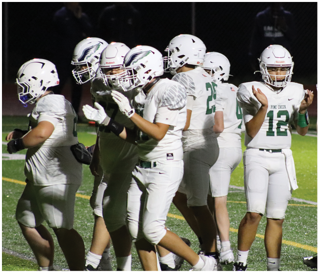 A group of people wearing white football uniforms and helmets are gathered on a lit football field at night. Description generated by AI