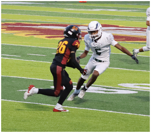 Three people in football uniforms are actively playing on a field with yard markers and a large logo in the center. Description generated by AI