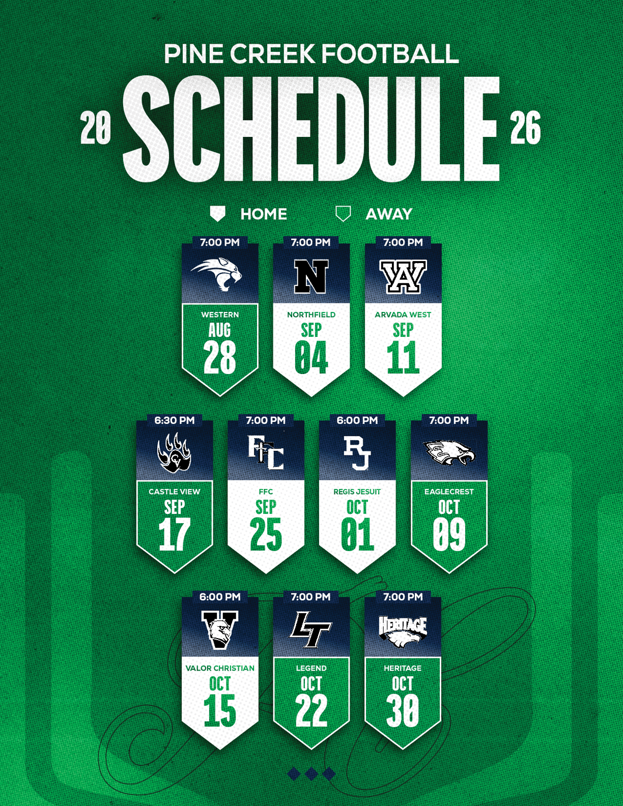 Pine Creek Football 2026 schedule showing home and away games with team logos and dates on a green textured background. Description generated by AI